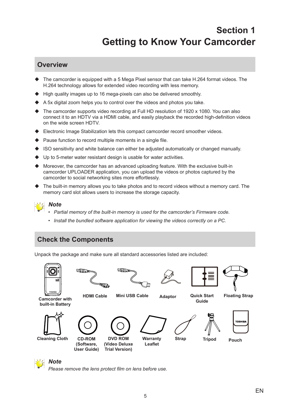Section 1 getting to know your camcorder, Overview, Check the components | Overview check the components, Getting to know your camcorder | Toshiba Camileo BW20 User Manual | Page 5 / 47