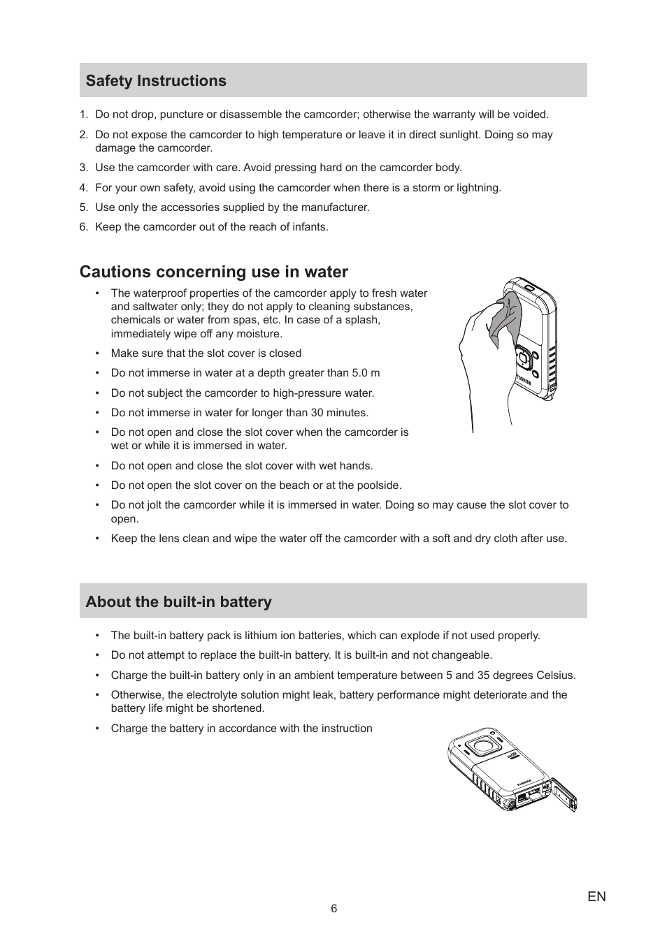 Safety instructions, About the built-in battery, Safety instructions about the built-in battery | Cautions concerning use in water | Toshiba Camileo BW20 User Manual | Page 6 / 47
