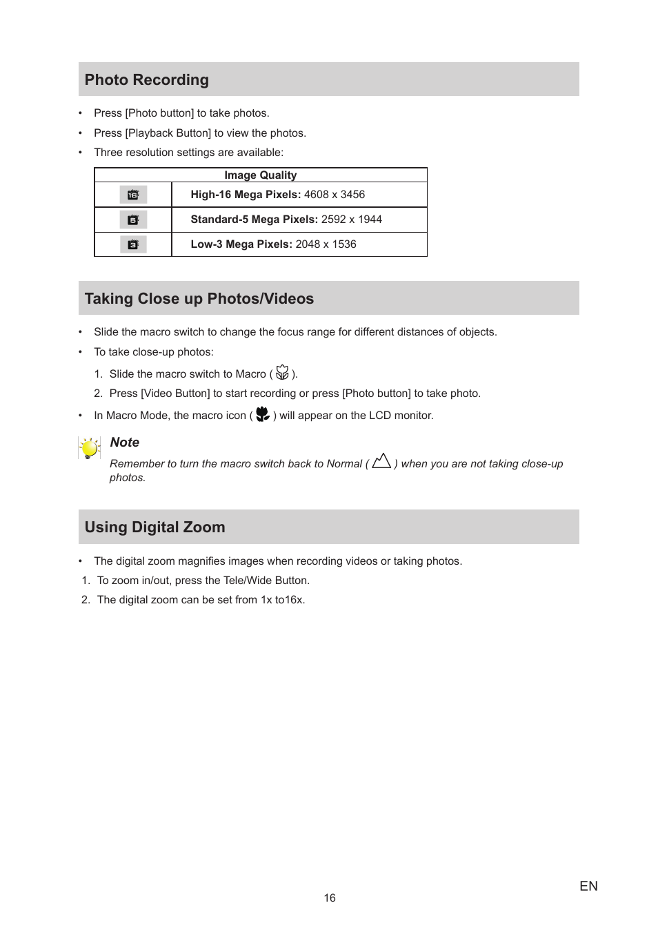 Photo recording, Taking close up photos/videos, Using digital zoom | Toshiba Camileo P25 User Manual | Page 16 / 47