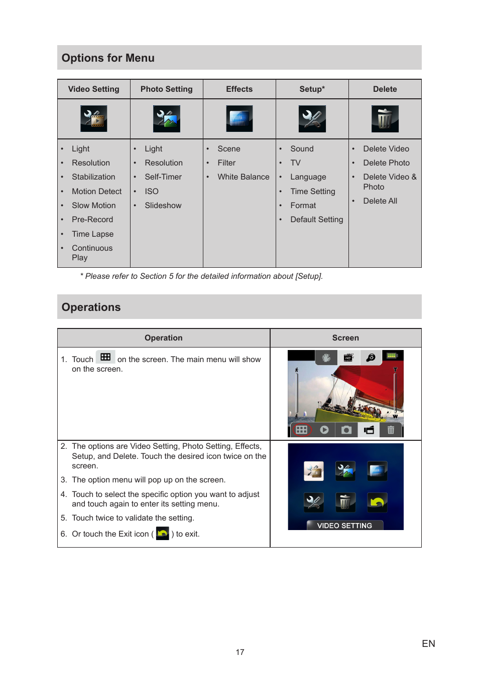 Options for menu, Operations, Options for menu operations | Toshiba Camileo P25 User Manual | Page 17 / 47