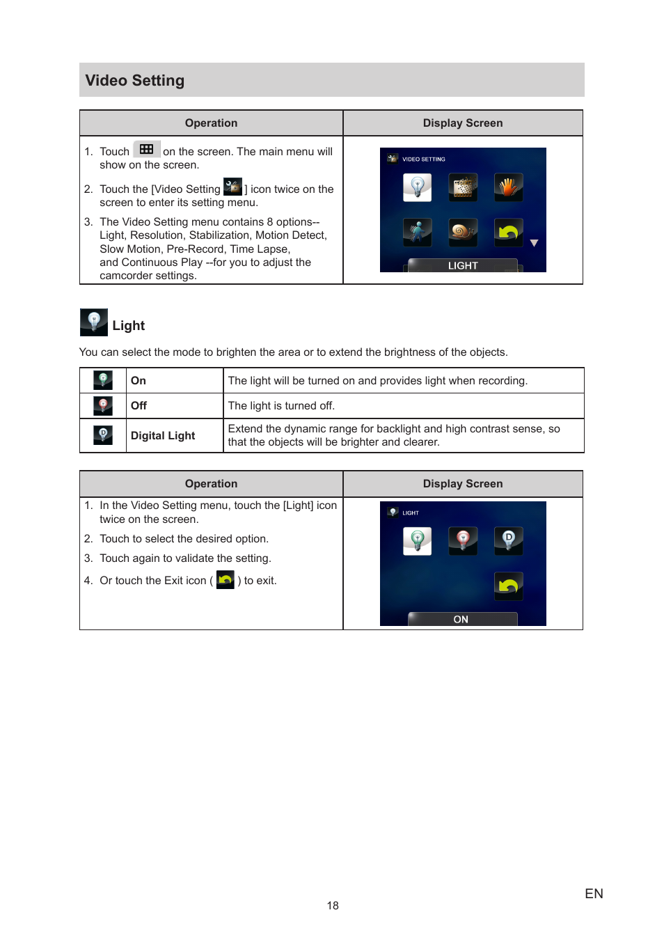 Video setting | Toshiba Camileo P25 User Manual | Page 18 / 47