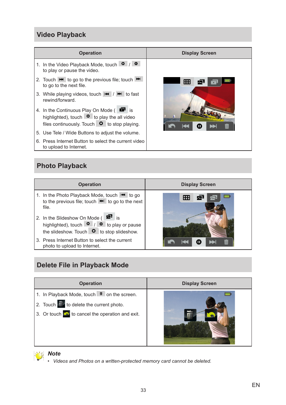 Video playback, Photo playback, Delete file in playback mode | Toshiba Camileo P25 User Manual | Page 33 / 47