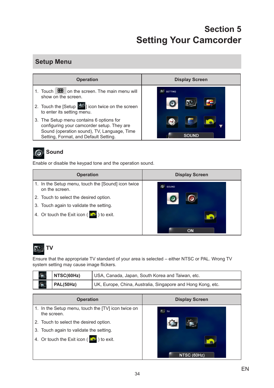 Section 5 setting your camcorder, Setup menu, Setting your camcorder | Toshiba Camileo P25 User Manual | Page 34 / 47