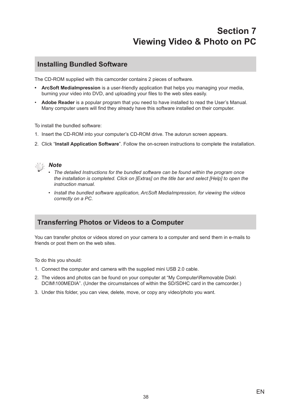 Section 7 viewing video & photo on pc, Installing bundled software, Transferring photos or videos to a computer | Toshiba Camileo P25 User Manual | Page 38 / 47