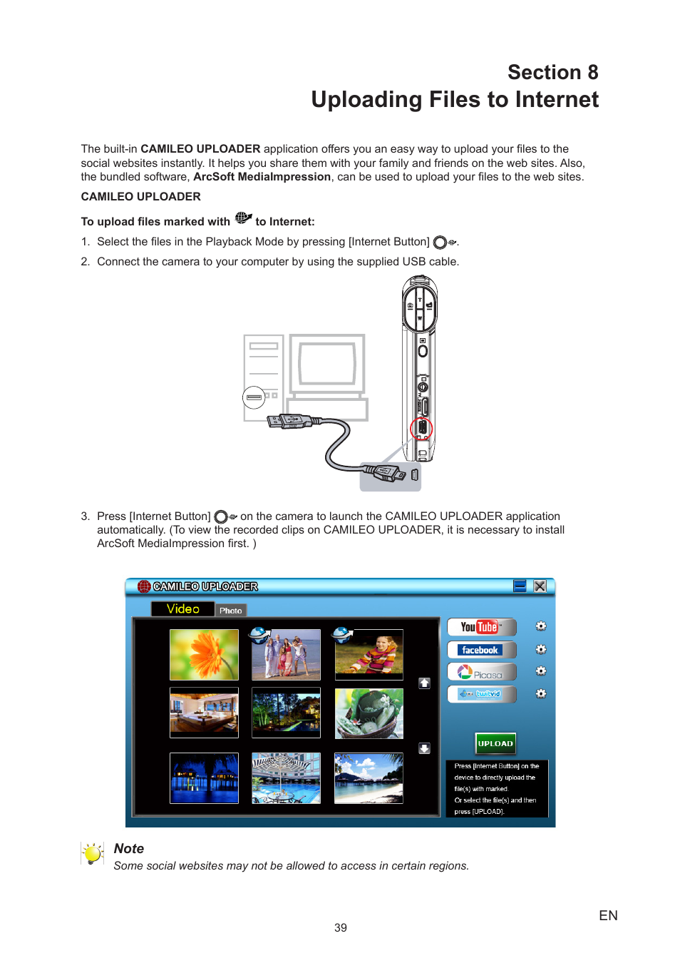 Section 8 uploading files to internet, Uploading files to internet | Toshiba Camileo P25 User Manual | Page 39 / 47