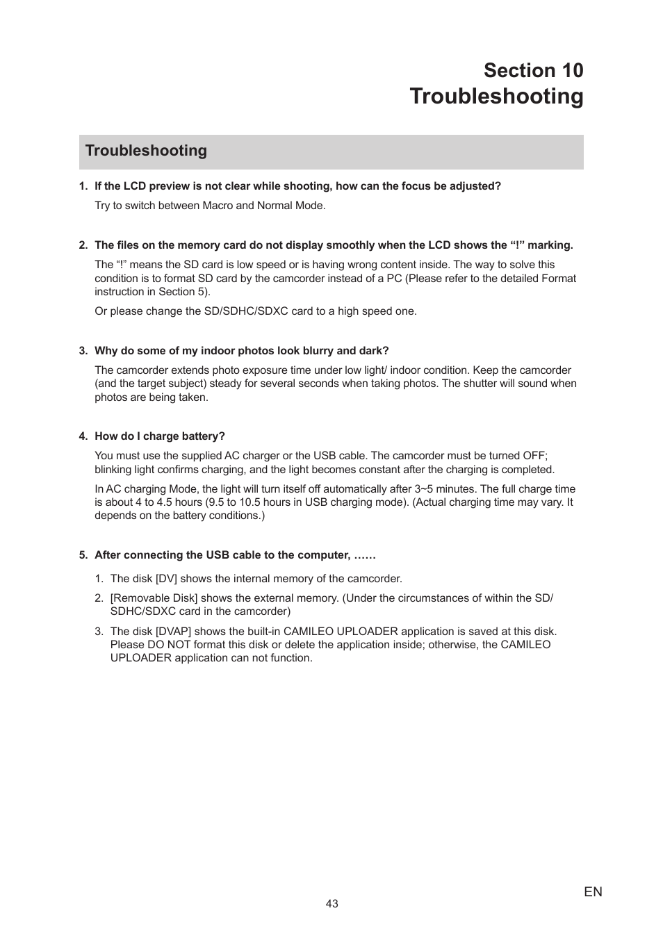 Section 10 troubleshooting, Troubleshooting | Toshiba Camileo P25 User Manual | Page 43 / 47