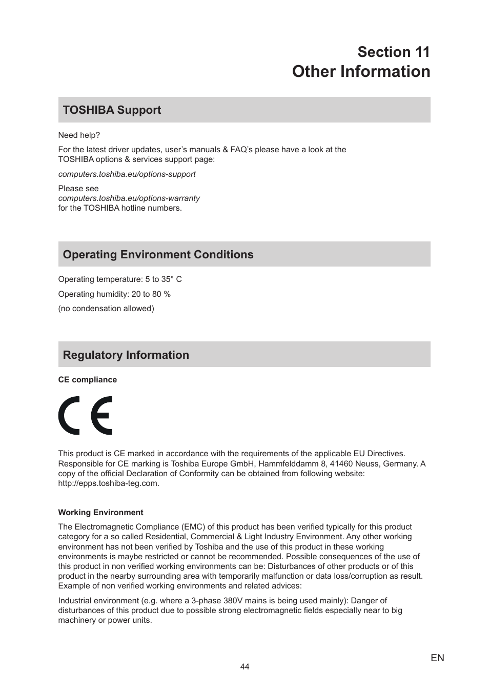Section 11 other information, Toshiba support, Operating environment conditions | Regulatory information, Other information | Toshiba Camileo P25 User Manual | Page 44 / 47