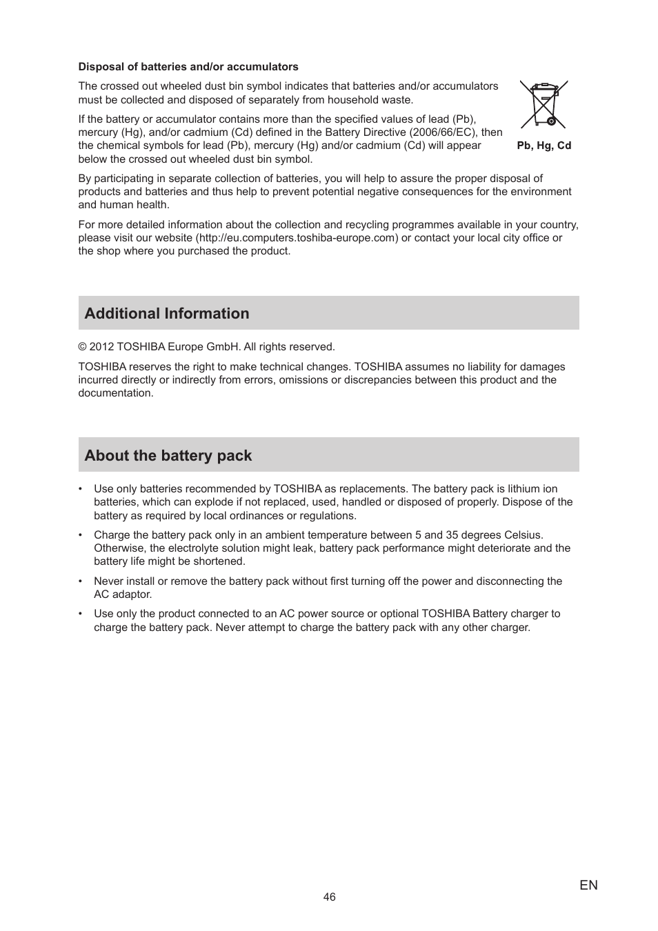 Additional information, About the battery pack, Additional information about the battery pack | Toshiba Camileo P25 User Manual | Page 46 / 47
