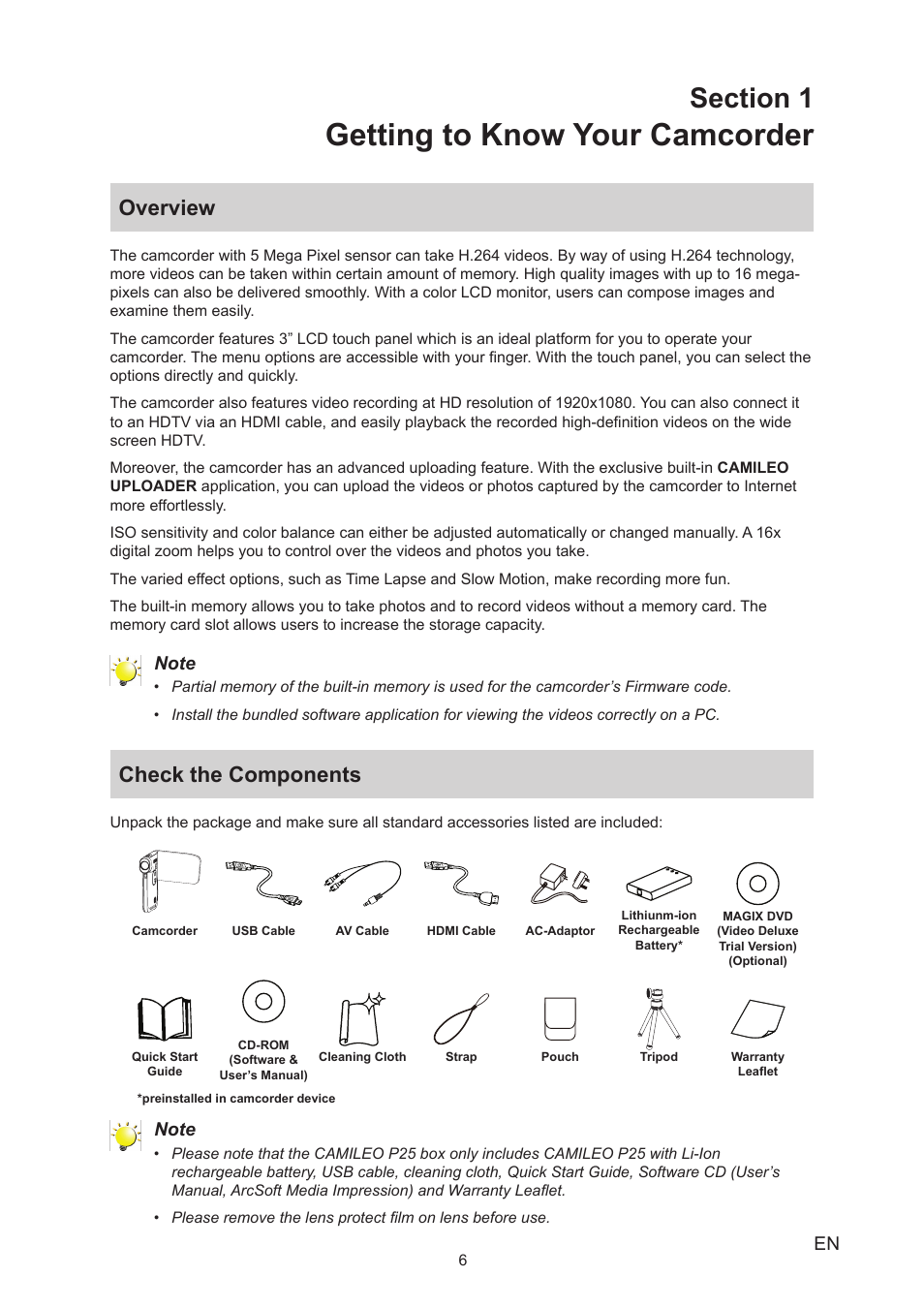 Section 1 getting to know your camcorder, Overview, Check the components | Overview check the components, Getting to know your camcorder | Toshiba Camileo P25 User Manual | Page 6 / 47