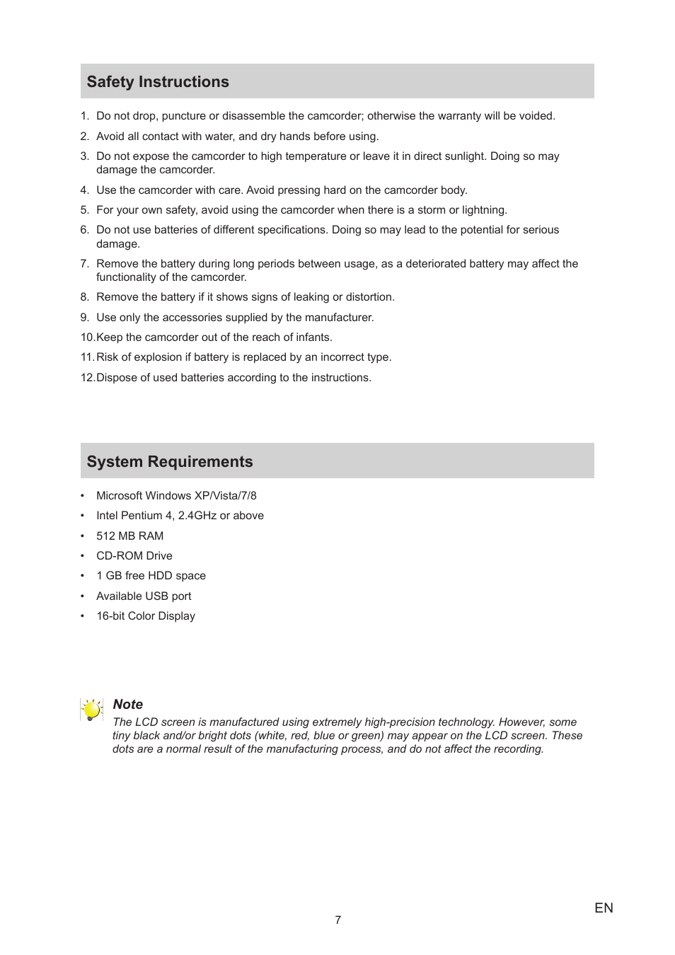 Safety instructions, System requirements, Safety instructions system requirements | Toshiba Camileo P25 User Manual | Page 7 / 47