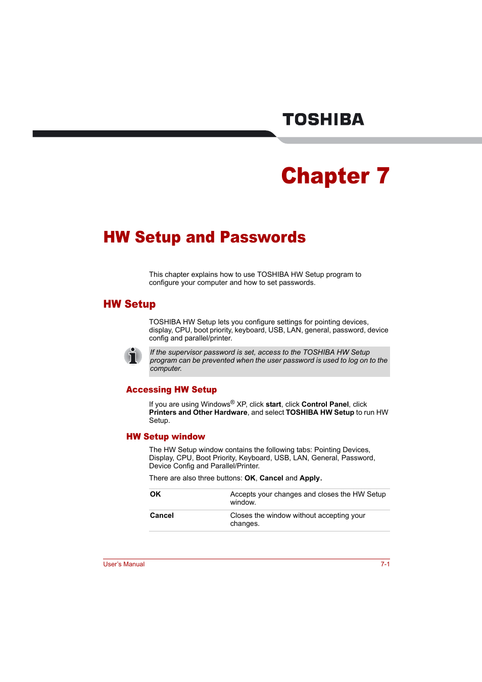 Chapter 7: hw setup and passwords, Hw setup, Hw setup and | Passwords, Hw setup and passwords, Expla, Chapter 7, Hw setup -1, And passwords | Toshiba Tecra A4 (PTA42) User Manual | Page 103 / 174