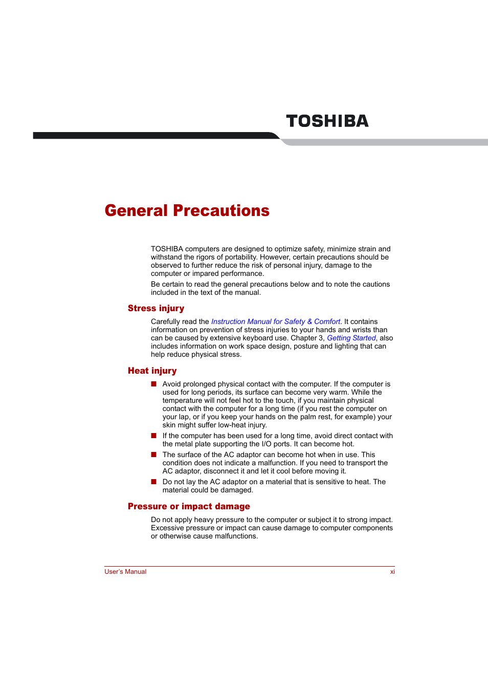 General precautions | Toshiba Tecra A4 (PTA42) User Manual | Page 11 / 174