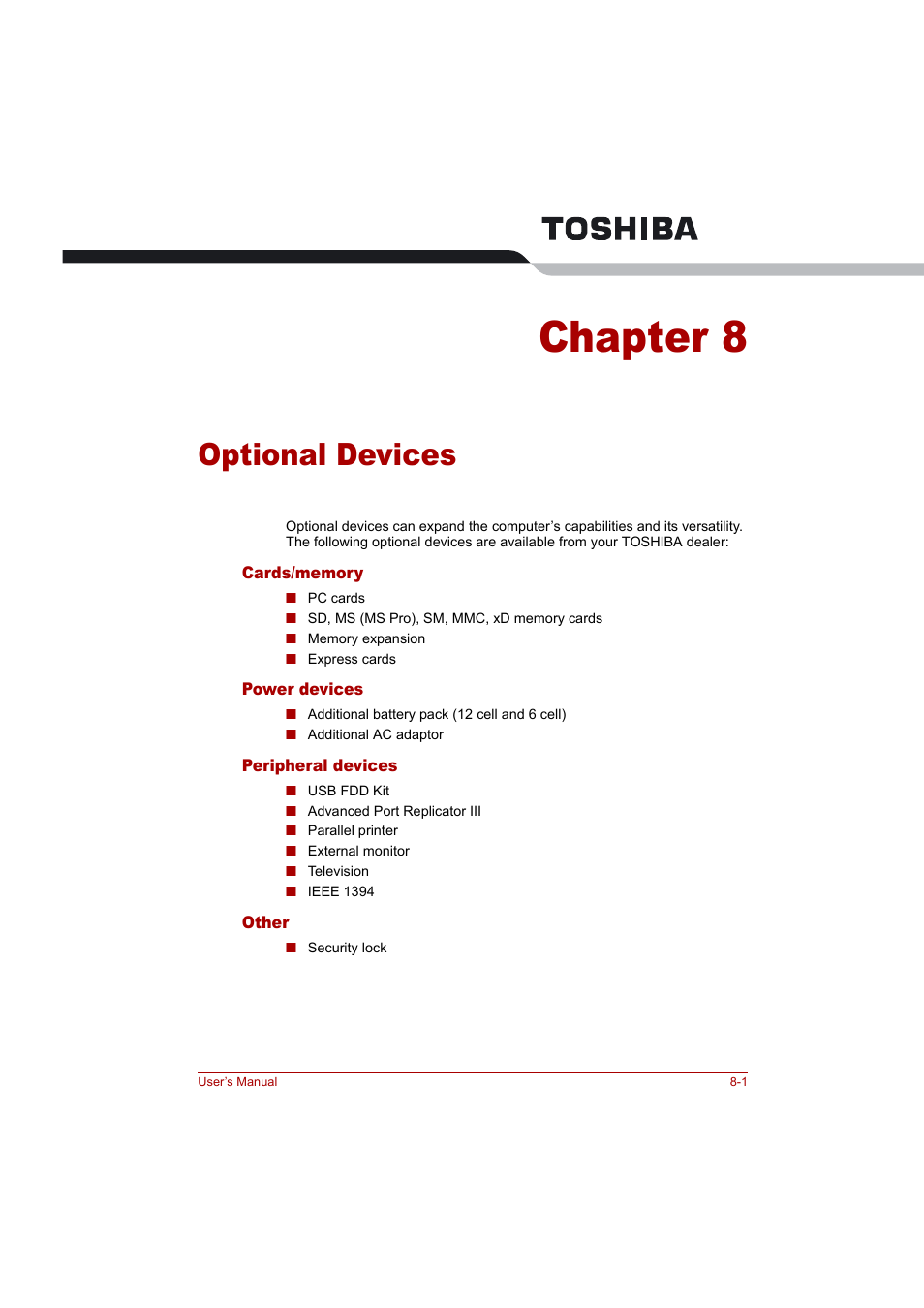 Chapter 8: optional devices, Hapter 8, Optional devices | Chapter 8 | Toshiba Tecra A4 (PTA42) User Manual | Page 110 / 174