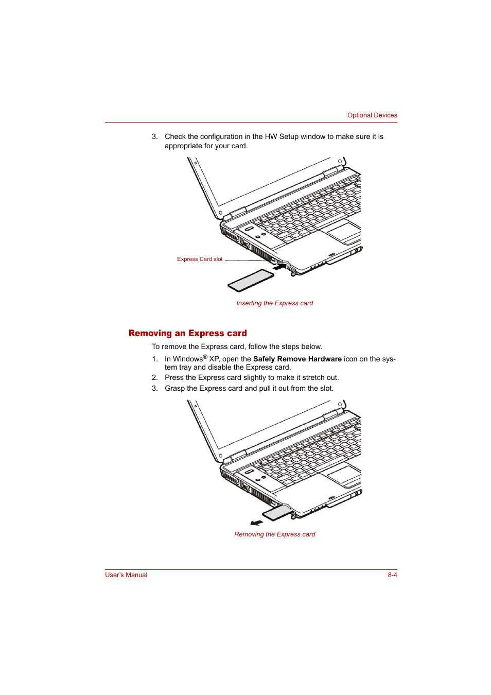 Removing an express card | Toshiba Tecra A4 (PTA42) User Manual | Page 113 / 174