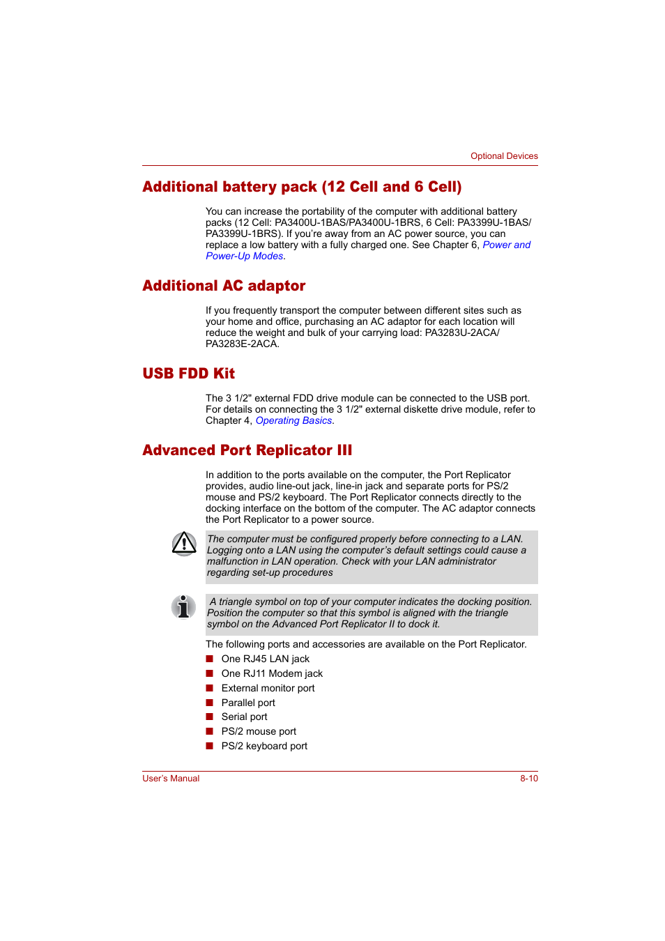 Additional battery pack (12 cell and 6 cell), Additional ac adaptor, Usb fdd kit | Advanced port replicator iii | Toshiba Tecra A4 (PTA42) User Manual | Page 119 / 174