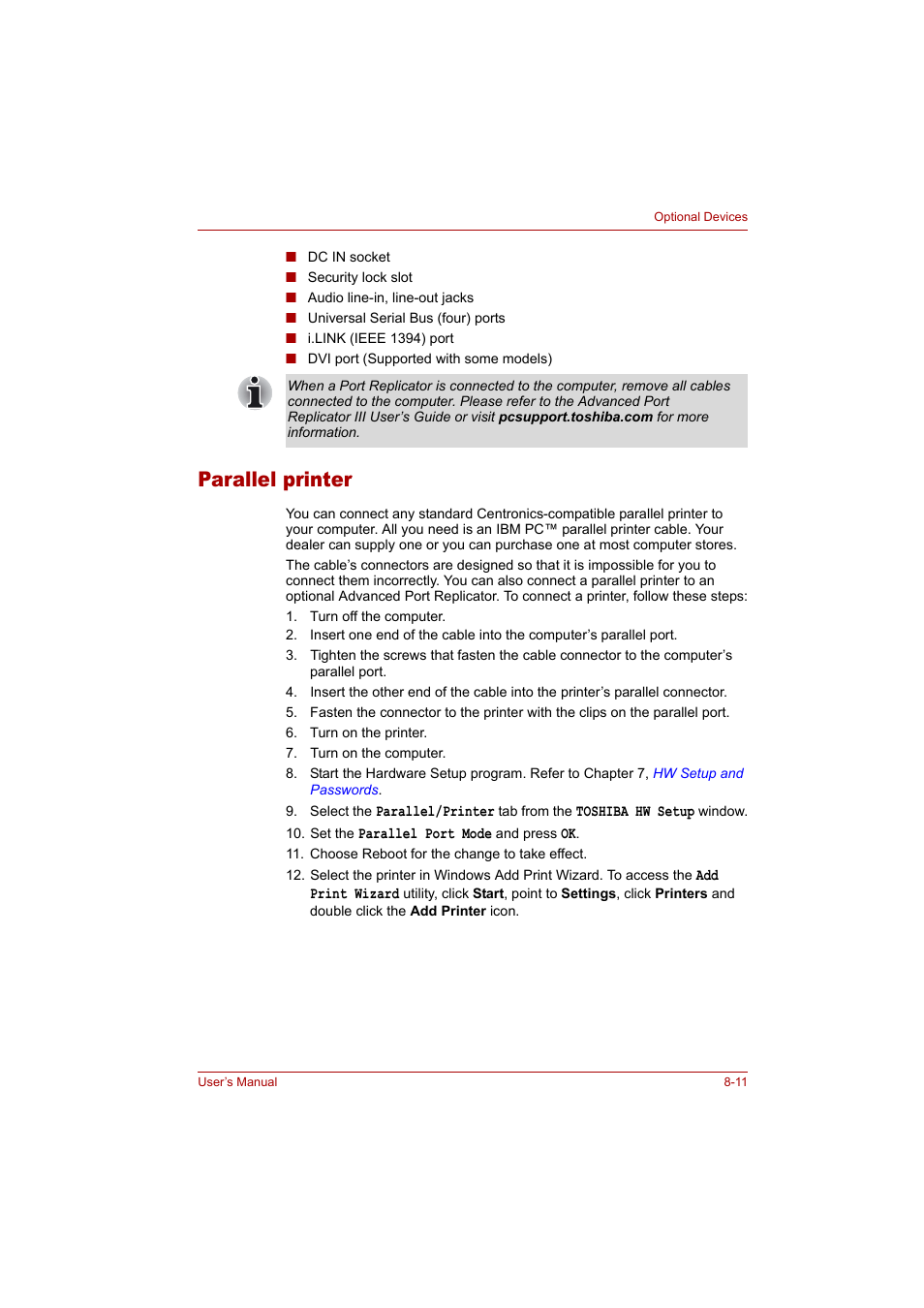 Parallel printer, Parallel printer -11 | Toshiba Tecra A4 (PTA42) User Manual | Page 120 / 174