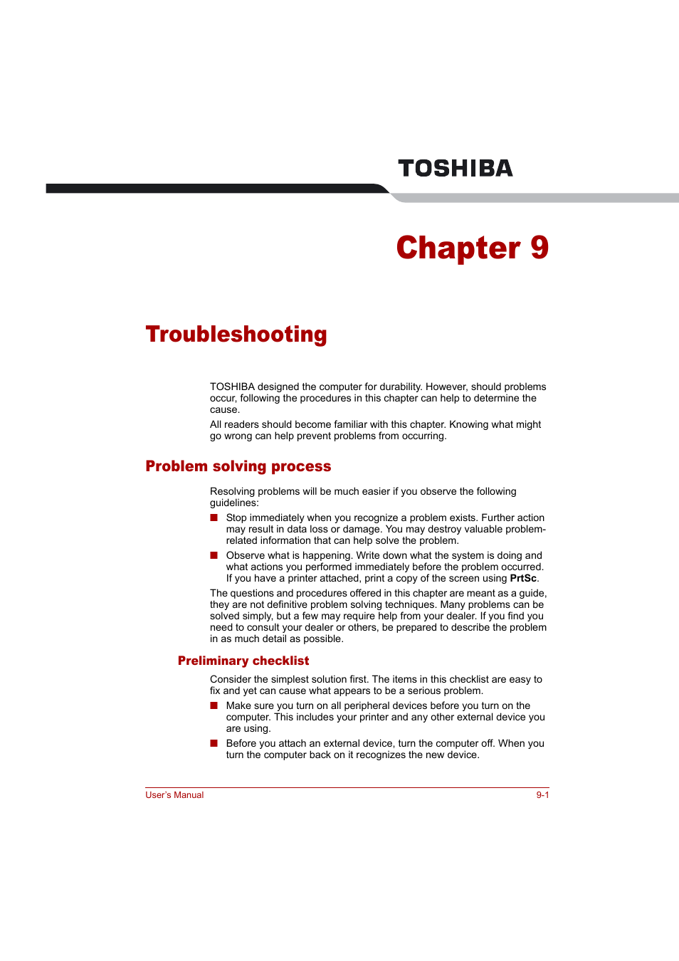 Chapter 9: troubleshooting, Problem solving process, Preliminary checklist | Troubleshooting, Chapter 9, Problem solving process -1 | Toshiba Tecra A4 (PTA42) User Manual | Page 125 / 174