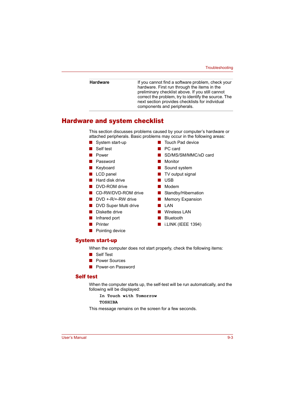 Hardware and system checklist, System start-up, Self test | Hardware and system checklist -3 | Toshiba Tecra A4 (PTA42) User Manual | Page 127 / 174