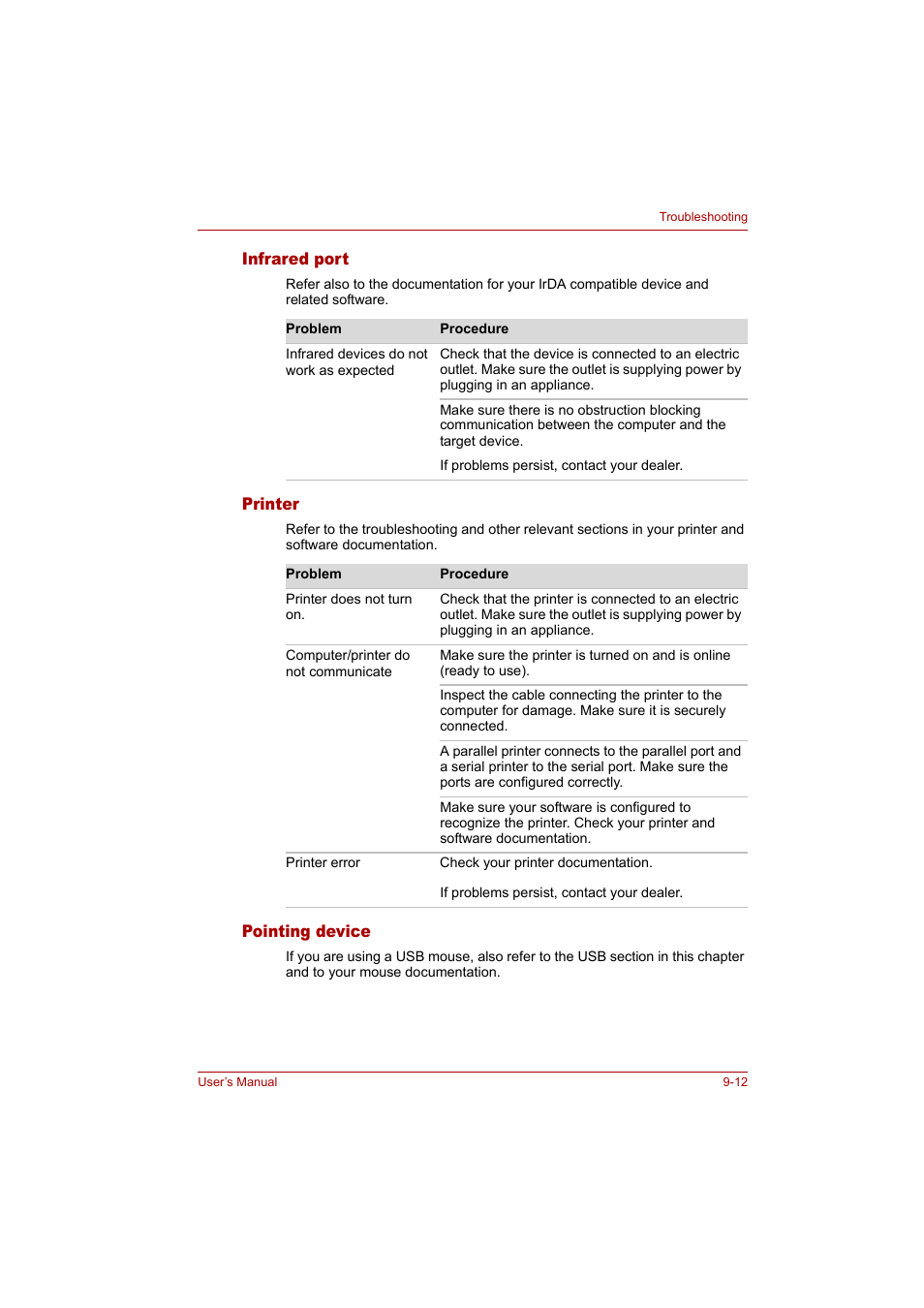 Infrared port, Printer, Pointing device | Toshiba Tecra A4 (PTA42) User Manual | Page 136 / 174