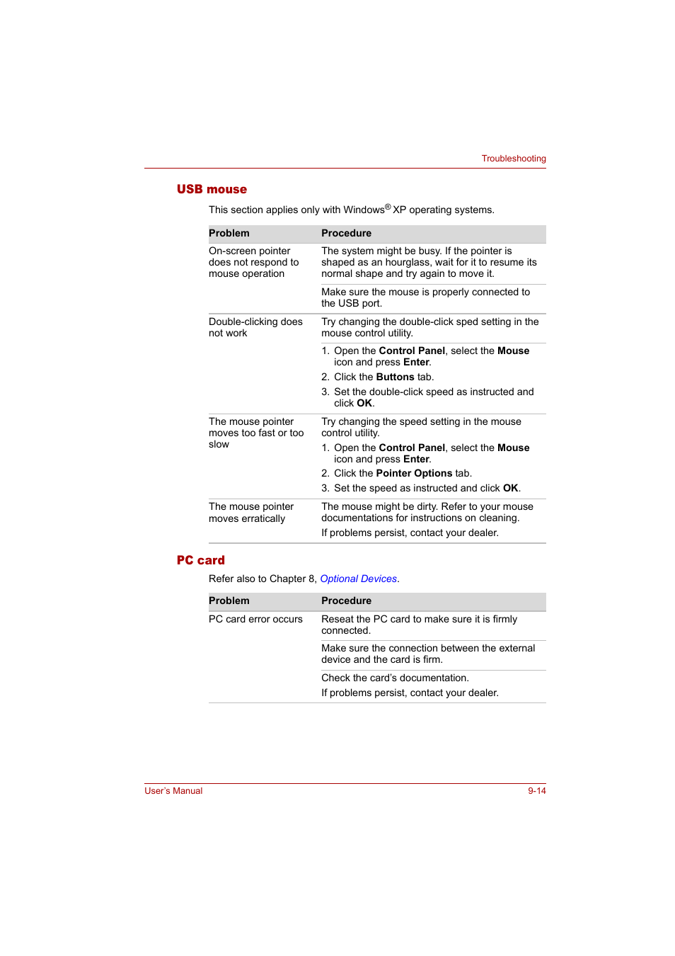 Usb mouse, Pc card | Toshiba Tecra A4 (PTA42) User Manual | Page 138 / 174