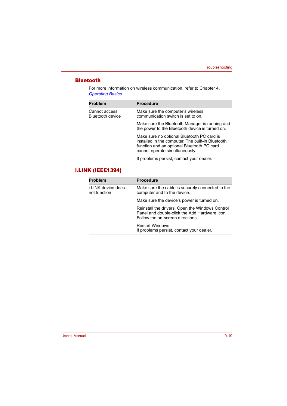 Bluetooth, I.link (ieee1394) | Toshiba Tecra A4 (PTA42) User Manual | Page 143 / 174