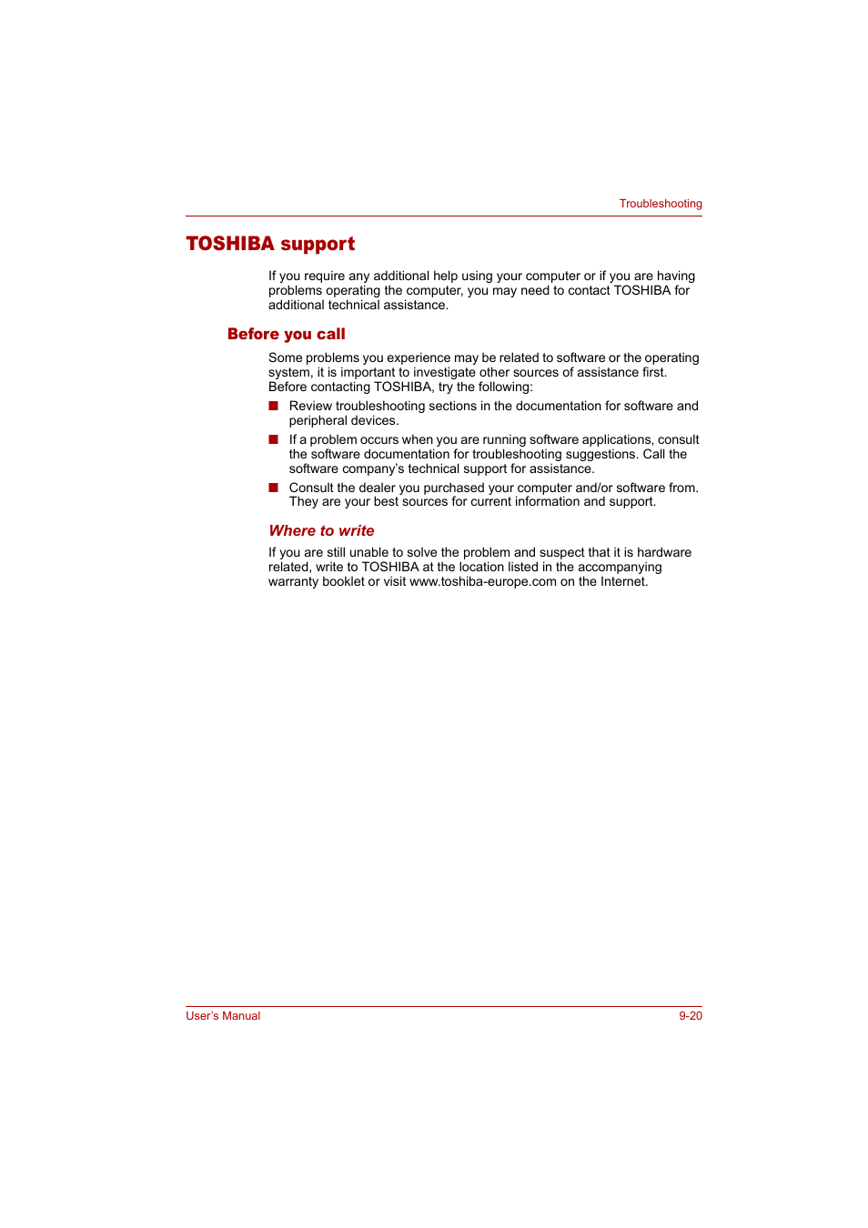 Toshiba support, Before you call, Toshiba support -20 | Toshiba Tecra A4 (PTA42) User Manual | Page 144 / 174