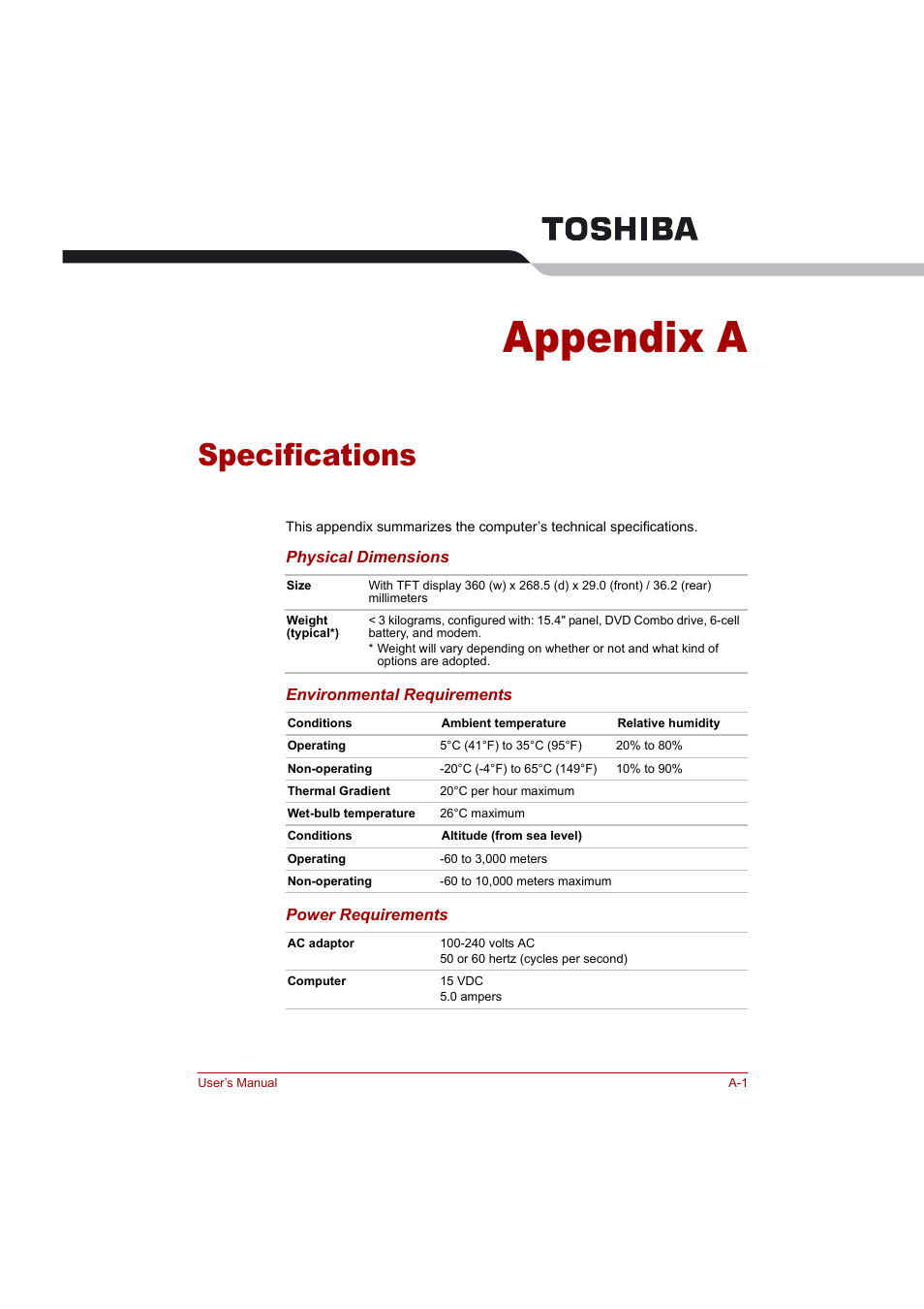 Appendix a: specifications, Appendix a, Specifications | Toshiba Tecra A4 (PTA42) User Manual | Page 145 / 174