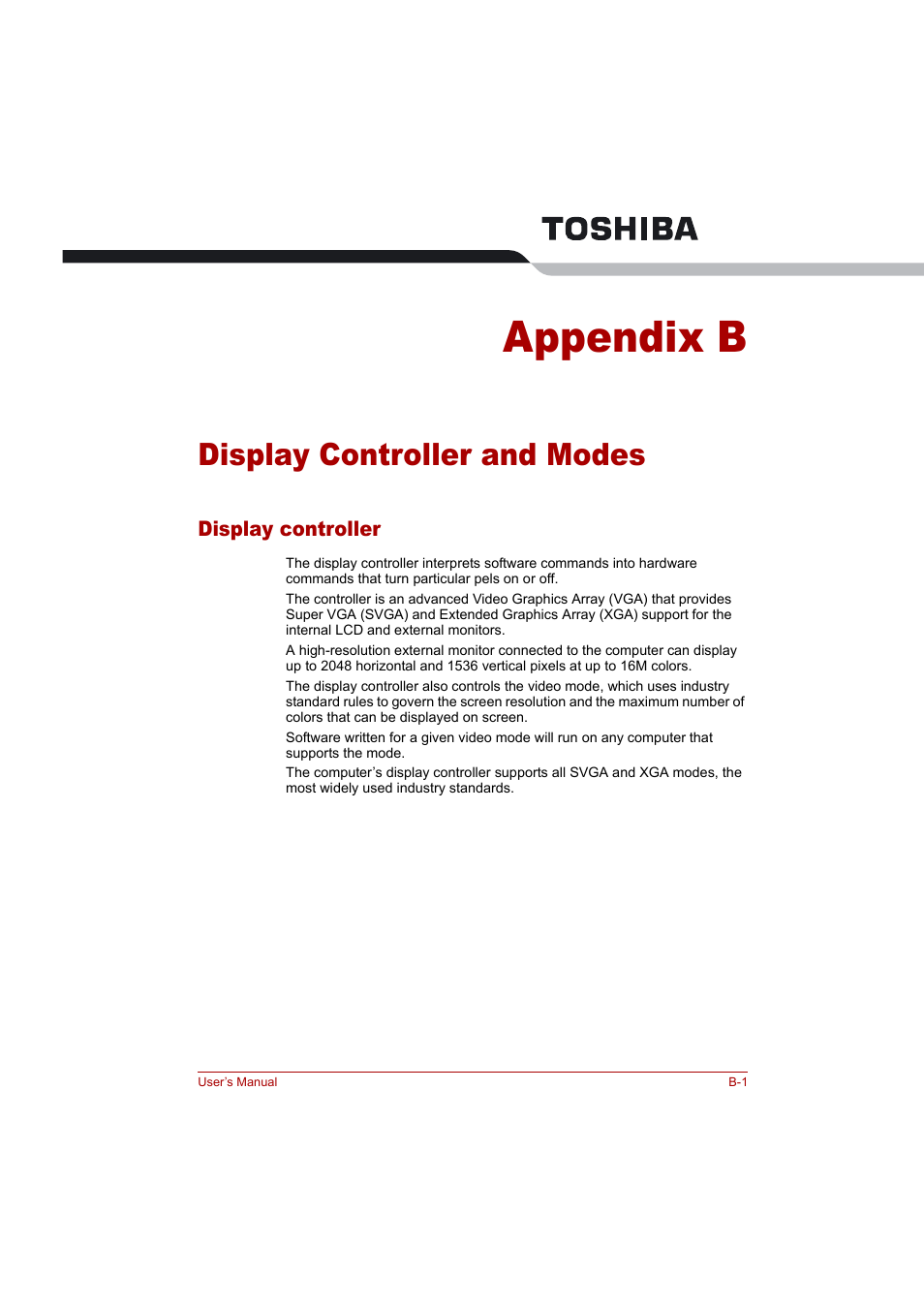 Appendix b: display controller and modes, Appendix b, Display controller and modes | Toshiba Tecra A4 (PTA42) User Manual | Page 147 / 174