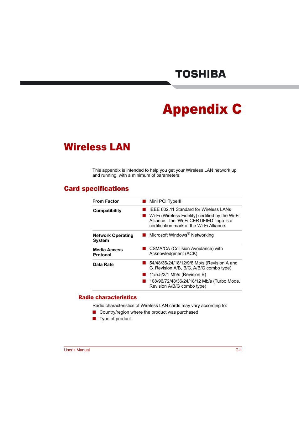 Appendix c: wireless lan, Appendix c, Wireless lan | Card specifications | Toshiba Tecra A4 (PTA42) User Manual | Page 149 / 174