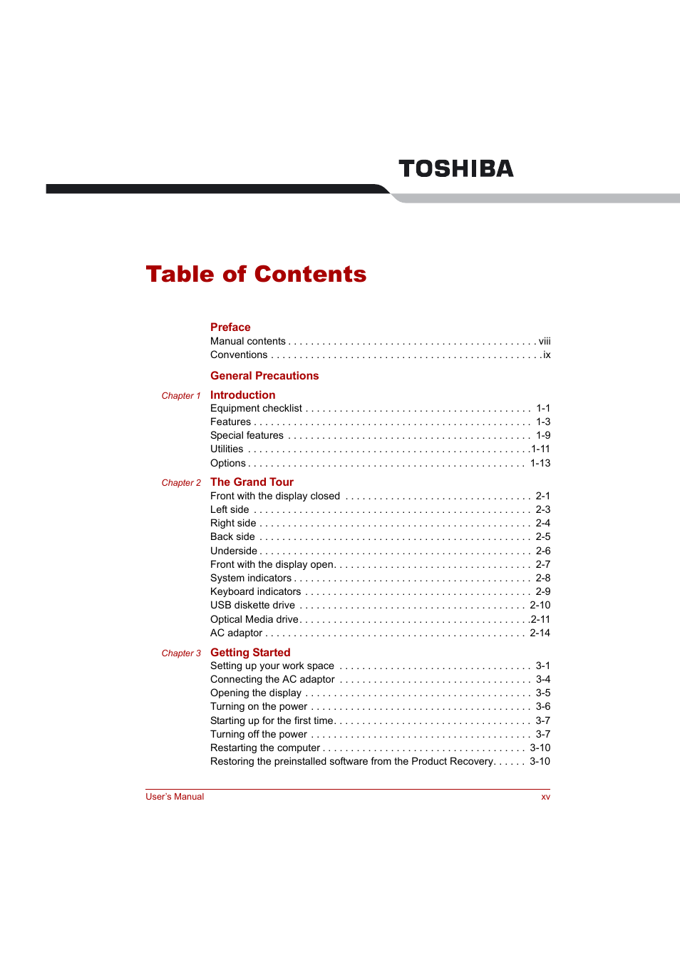 Toshiba Tecra A4 (PTA42) User Manual | Page 15 / 174