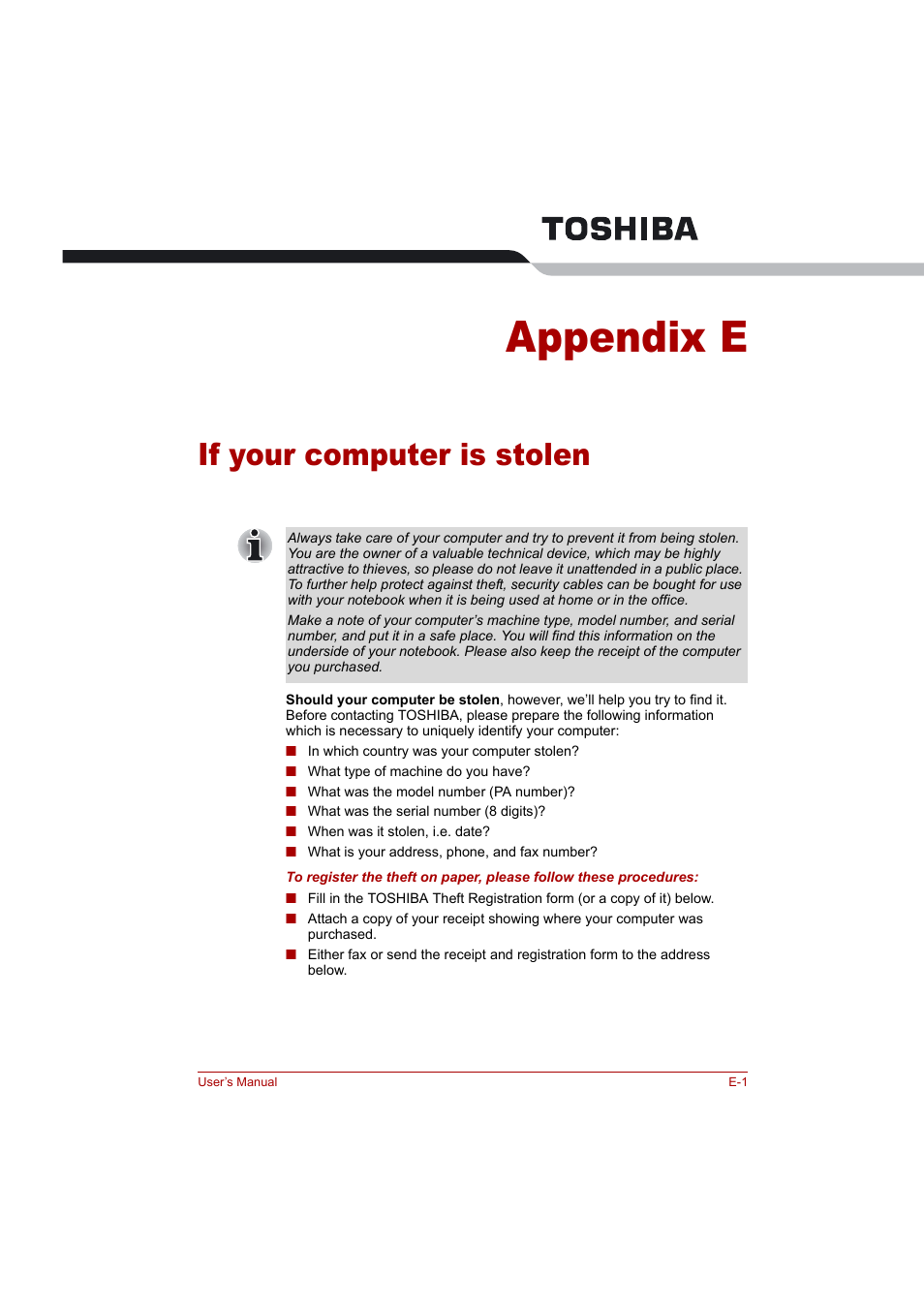 Appendix e: if your computer is stolen, Appendix e, If your computer is stolen | Toshiba Tecra A4 (PTA42) User Manual | Page 155 / 174