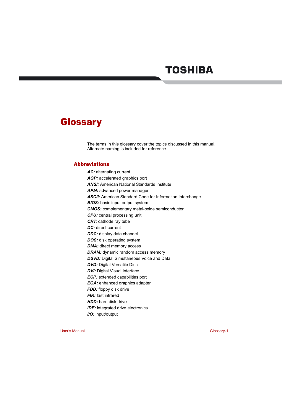 Glossary | Toshiba Tecra A4 (PTA42) User Manual | Page 157 / 174