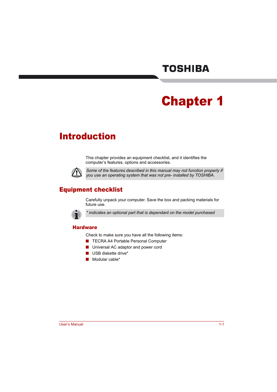 Chapter 1: introduction, Equipment checklist, Introduction | To l, Is an overvie, Chapter 1, Equipment checklist -1 | Toshiba Tecra A4 (PTA42) User Manual | Page 18 / 174