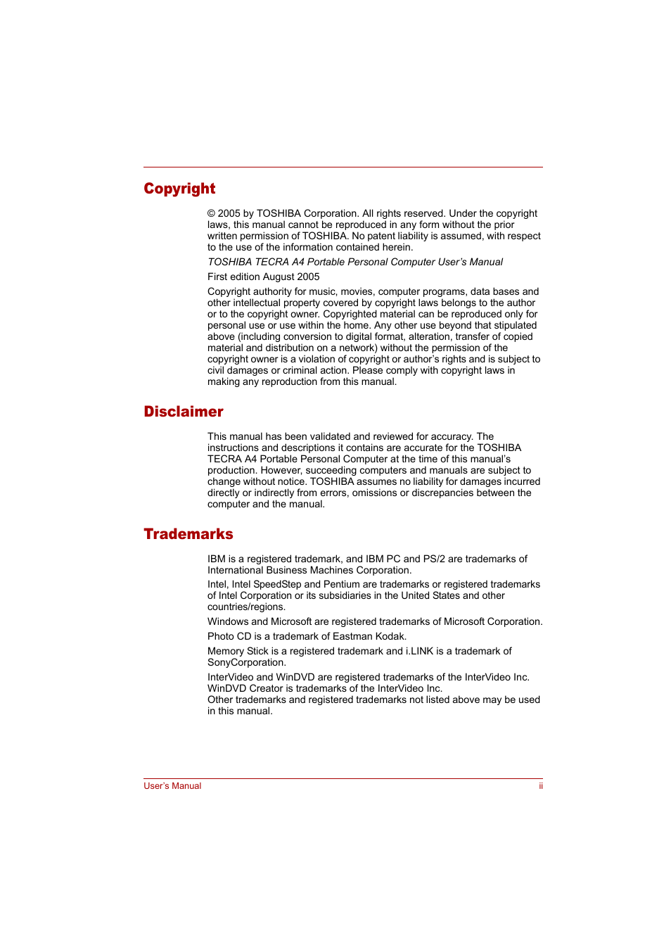 Copyright, Disclaimer, Trademarks | Toshiba Tecra A4 (PTA42) User Manual | Page 2 / 174