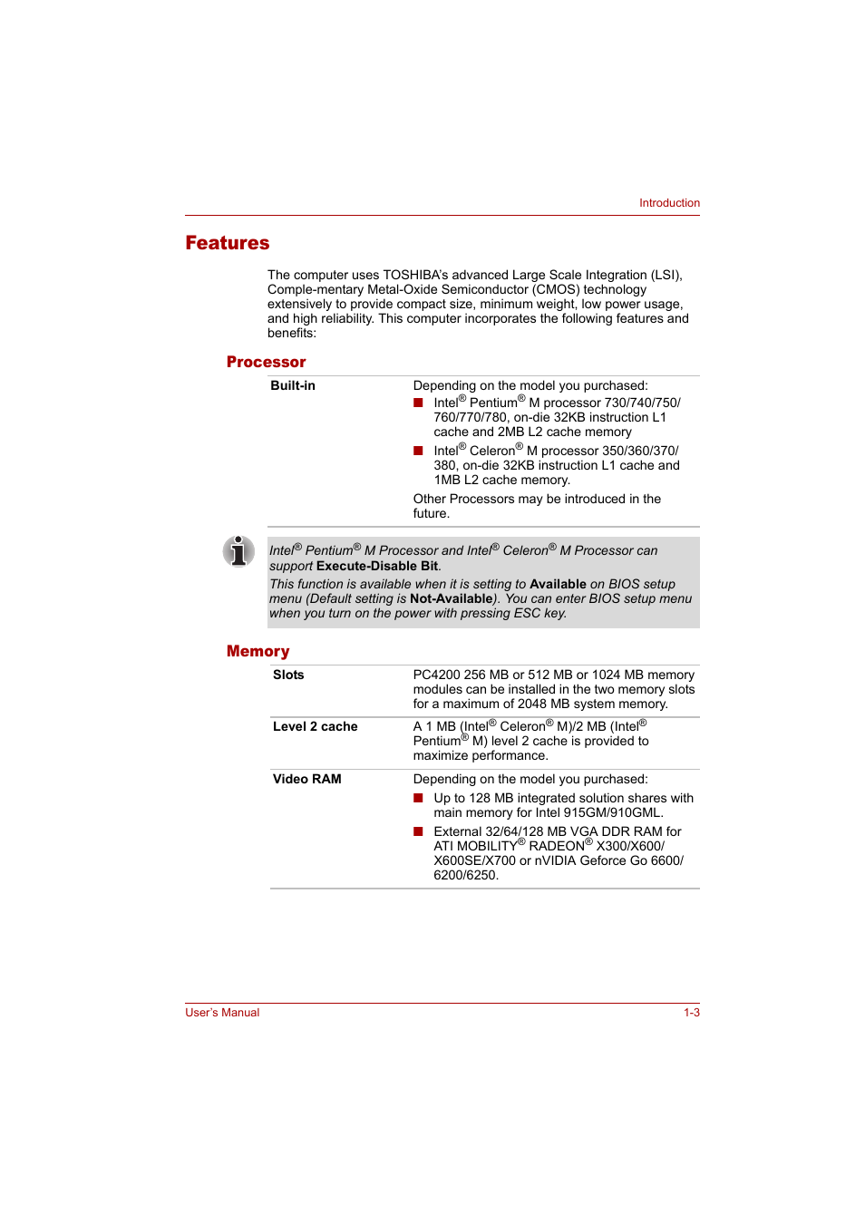 Features, Features -3 | Toshiba Tecra A4 (PTA42) User Manual | Page 20 / 174