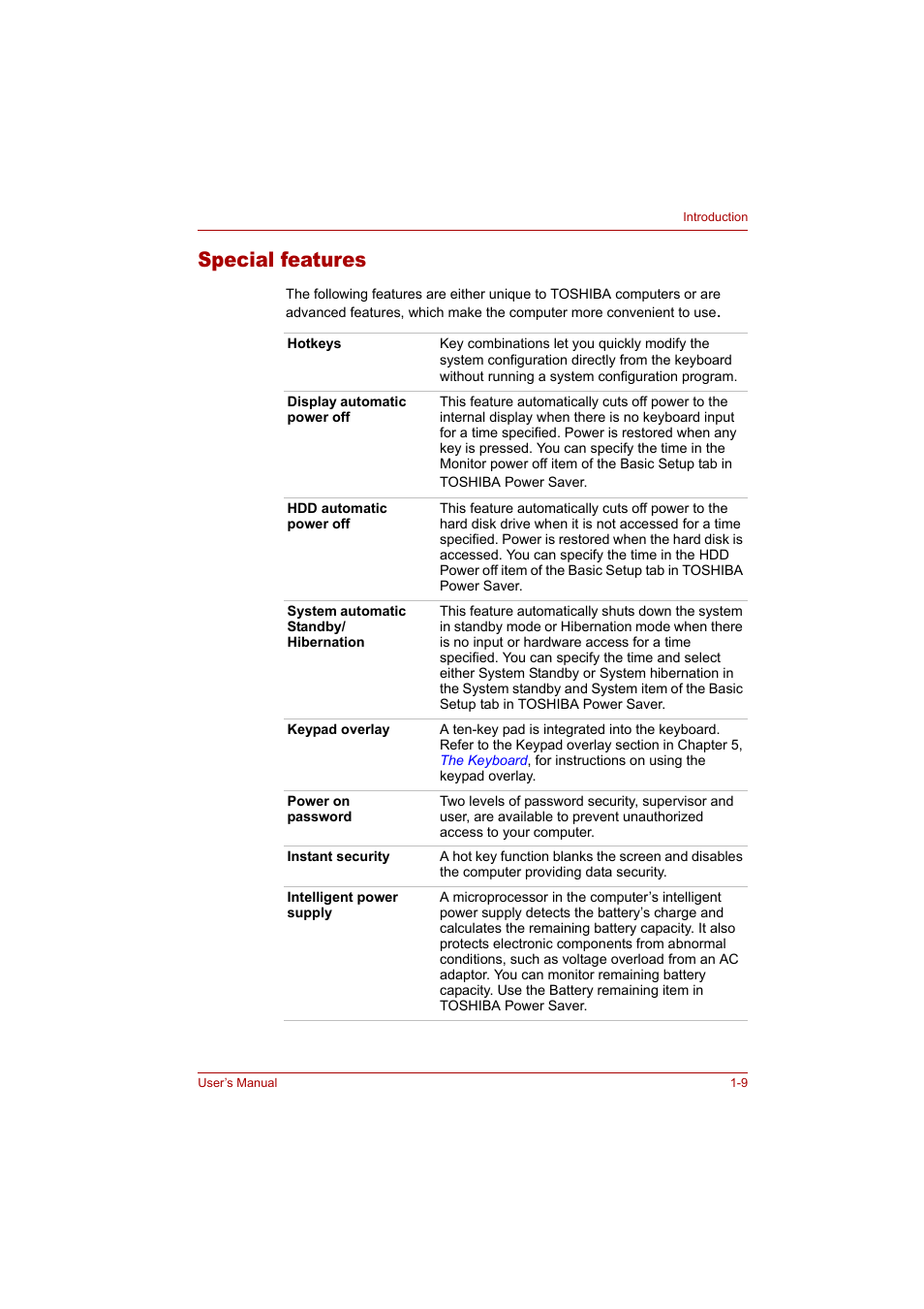 Special features, Special features -9 | Toshiba Tecra A4 (PTA42) User Manual | Page 26 / 174