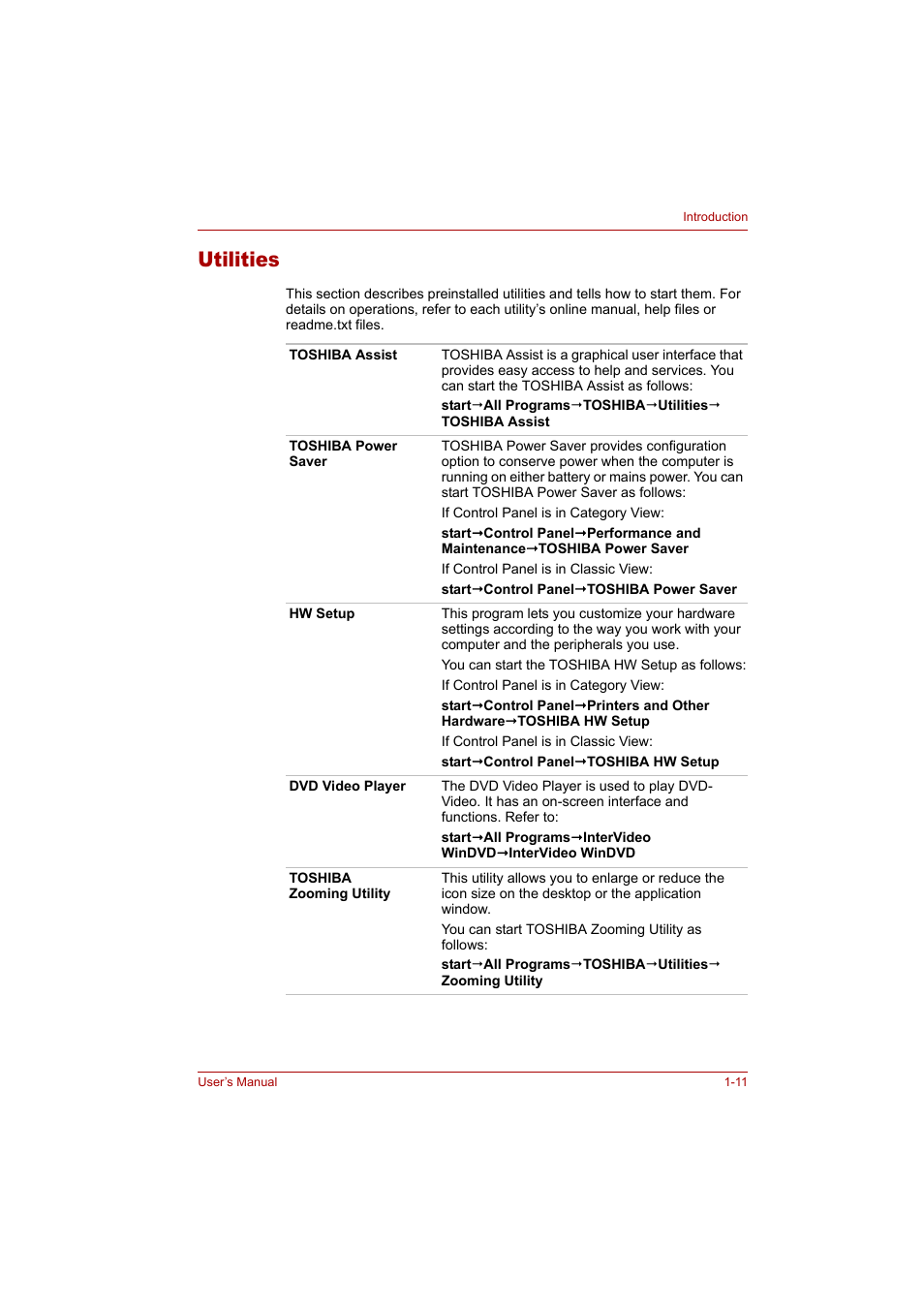 Utilities, Utilities -11 | Toshiba Tecra A4 (PTA42) User Manual | Page 28 / 174