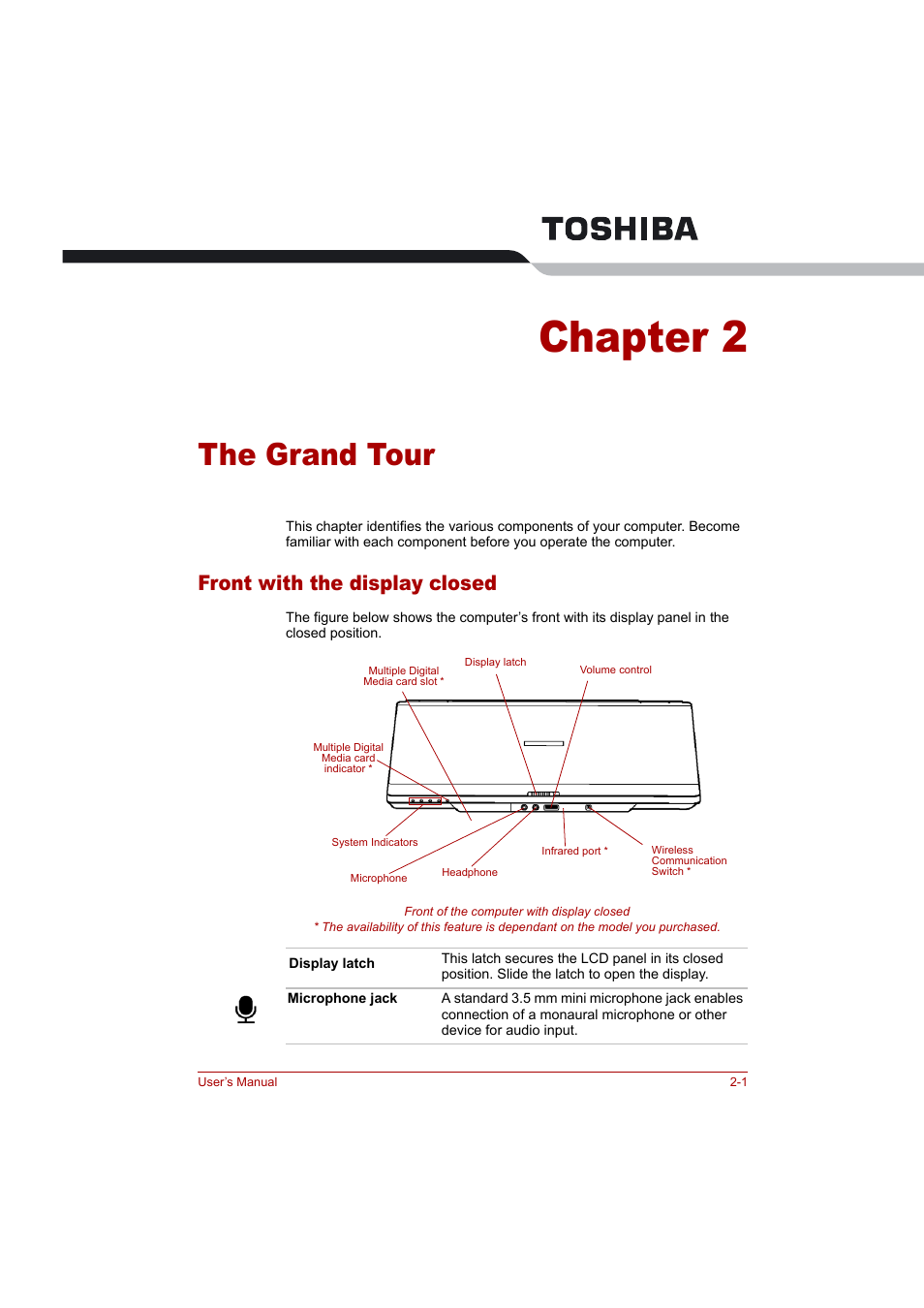 Chapter 2: the grand tour, Front with the display closed, The grand tour | Ter 2, Chapter 2, Front with the display closed -1 | Toshiba Tecra A4 (PTA42) User Manual | Page 31 / 174