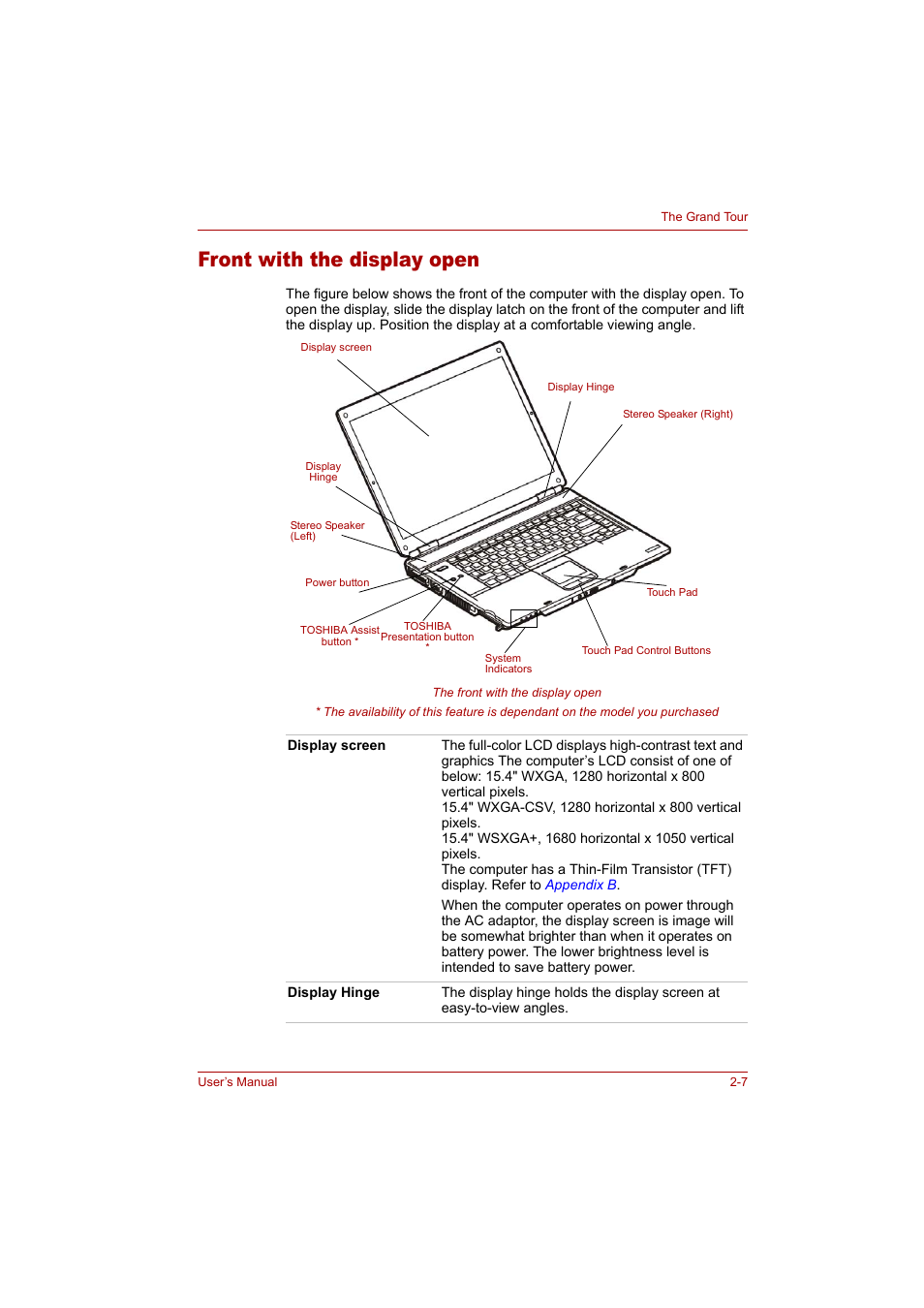 Front with the display open, Front with the display open -7 | Toshiba Tecra A4 (PTA42) User Manual | Page 37 / 174