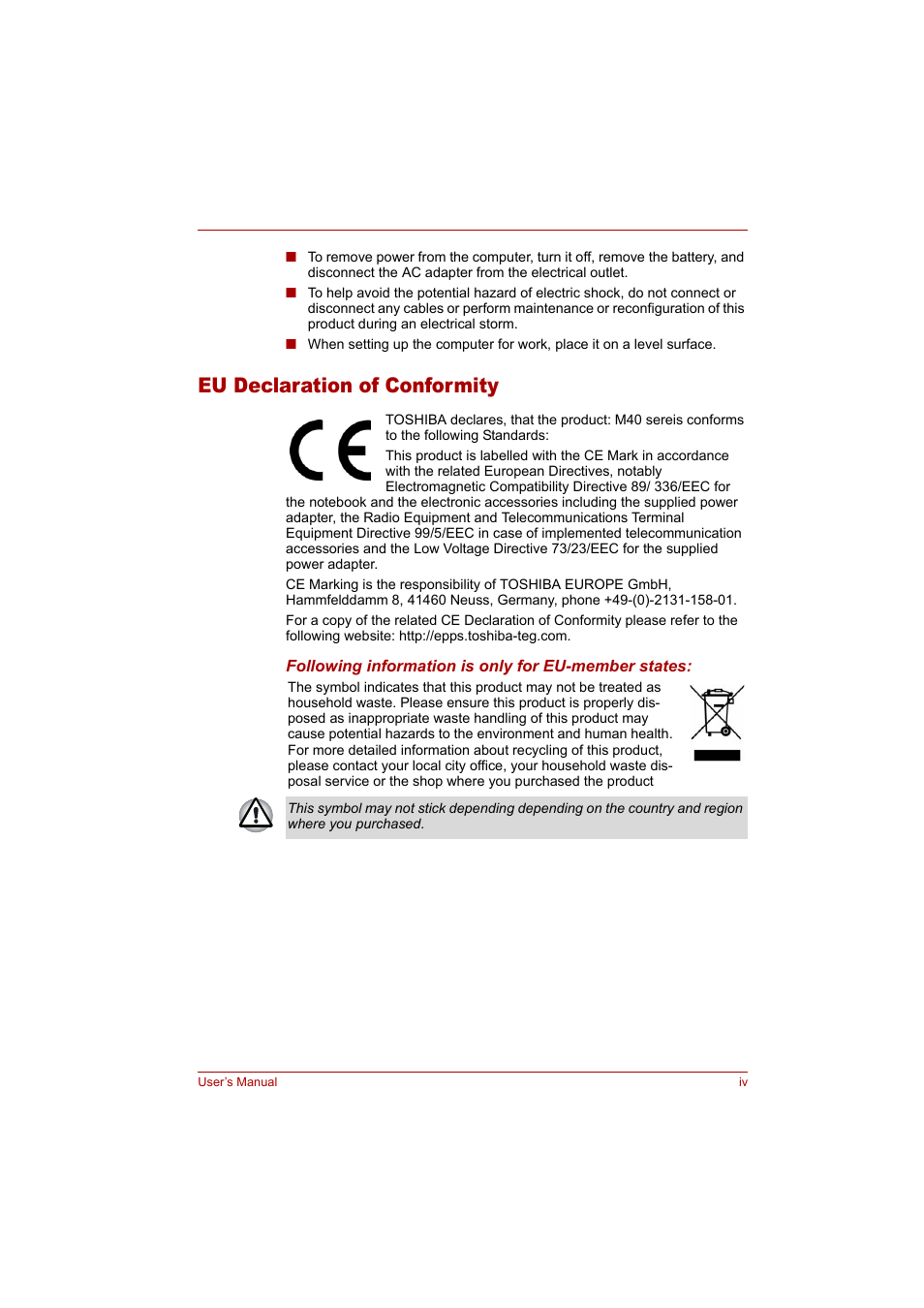 Eu declaration of conformity | Toshiba Tecra A4 (PTA42) User Manual | Page 4 / 174