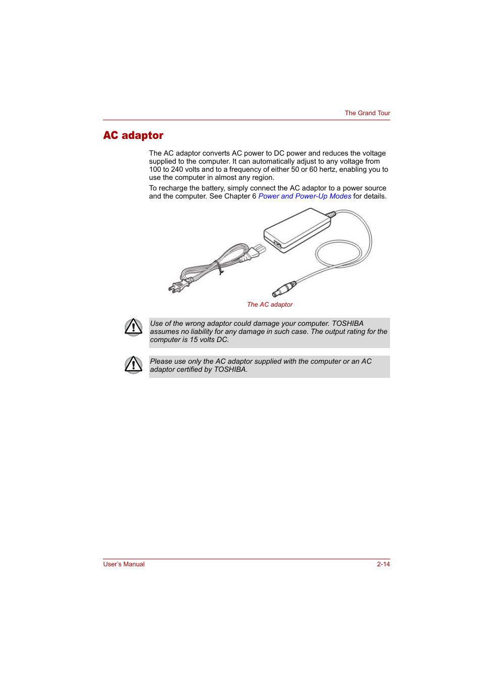 Ac adaptor, Ac adaptor -14 | Toshiba Tecra A4 (PTA42) User Manual | Page 44 / 174