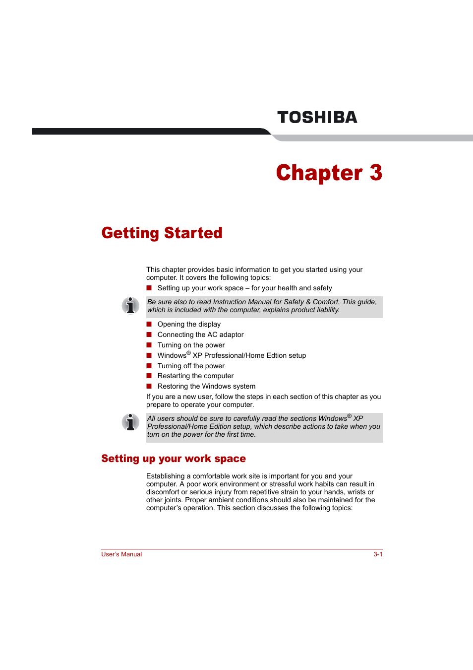 Chapter 3: getting started, Setting up your work space, Getting started | Provi, Also, Chapter 3, Setting up your work space -1 | Toshiba Tecra A4 (PTA42) User Manual | Page 45 / 174