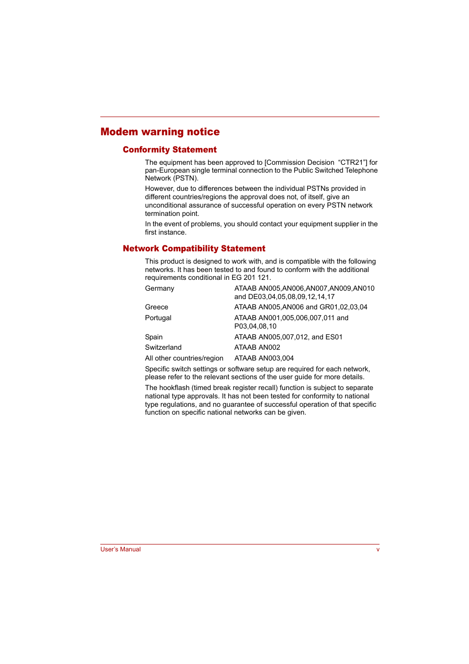 Modem warning notice | Toshiba Tecra A4 (PTA42) User Manual | Page 5 / 174