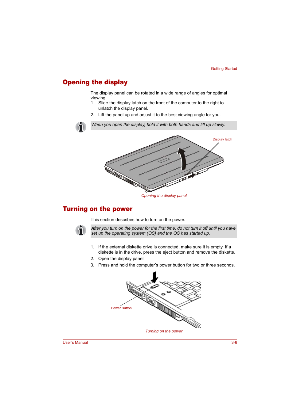 Opening the display, Turning on the power, Opening the display -5 turning on the power -6 | Toshiba Tecra A4 (PTA42) User Manual | Page 50 / 174