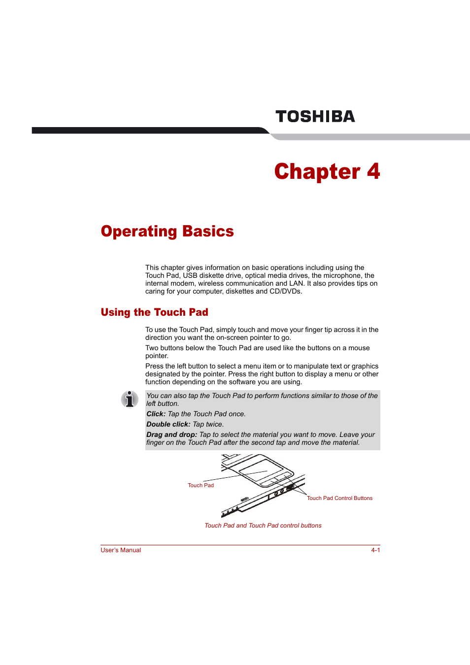 Chapter 4: operating basics, Using the touch pad, Operating basics | Chapter 4, Using the touch pad -1 | Toshiba Tecra A4 (PTA42) User Manual | Page 56 / 174