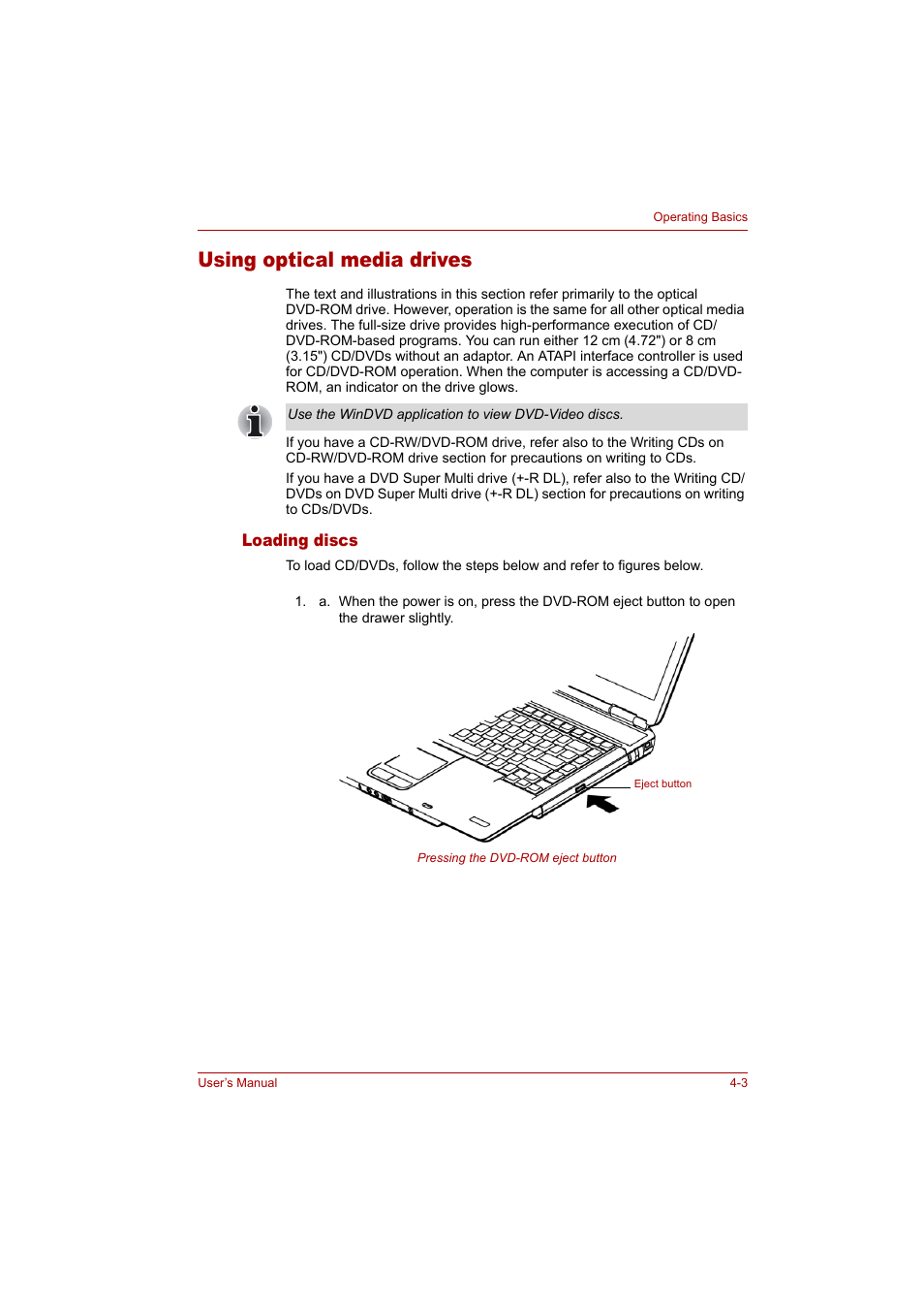 Using optical media drives, Using optical media drives -3 | Toshiba Tecra A4 (PTA42) User Manual | Page 58 / 174