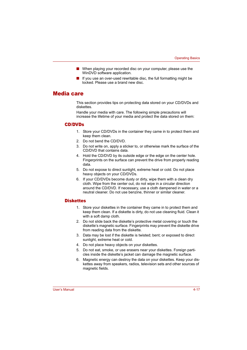 Media care, Media care -17 | Toshiba Tecra A4 (PTA42) User Manual | Page 72 / 174