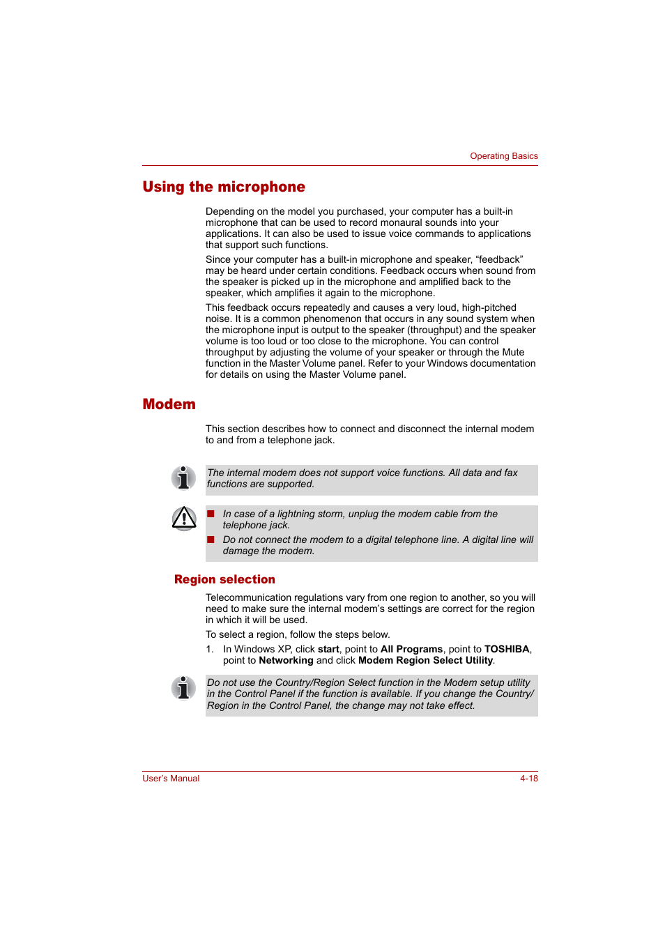 Using the microphone, Modem, Using the microphone -18 modem -18 | Toshiba Tecra A4 (PTA42) User Manual | Page 73 / 174