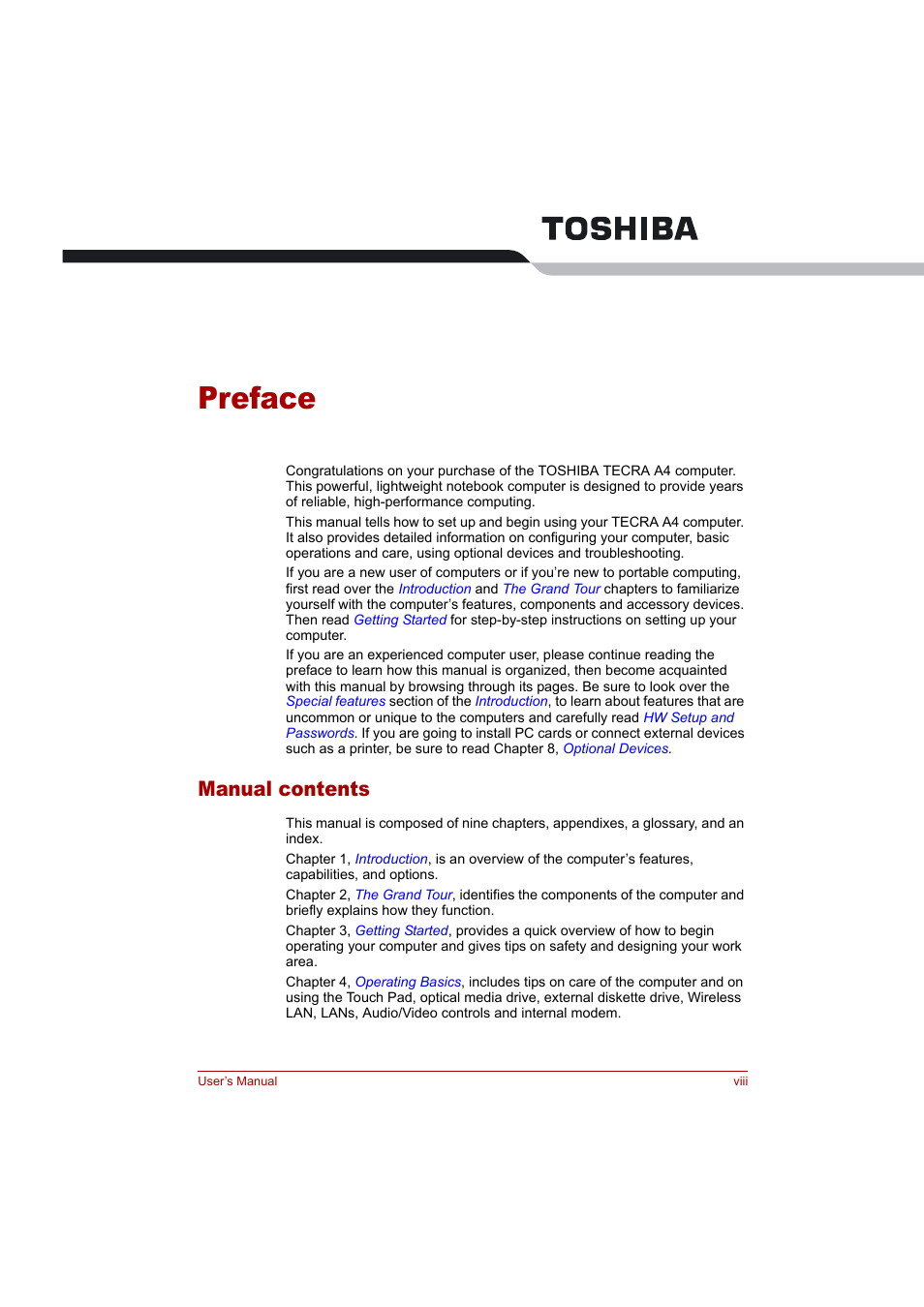 Preface, Manual contents | Toshiba Tecra A4 (PTA42) User Manual | Page 8 / 174