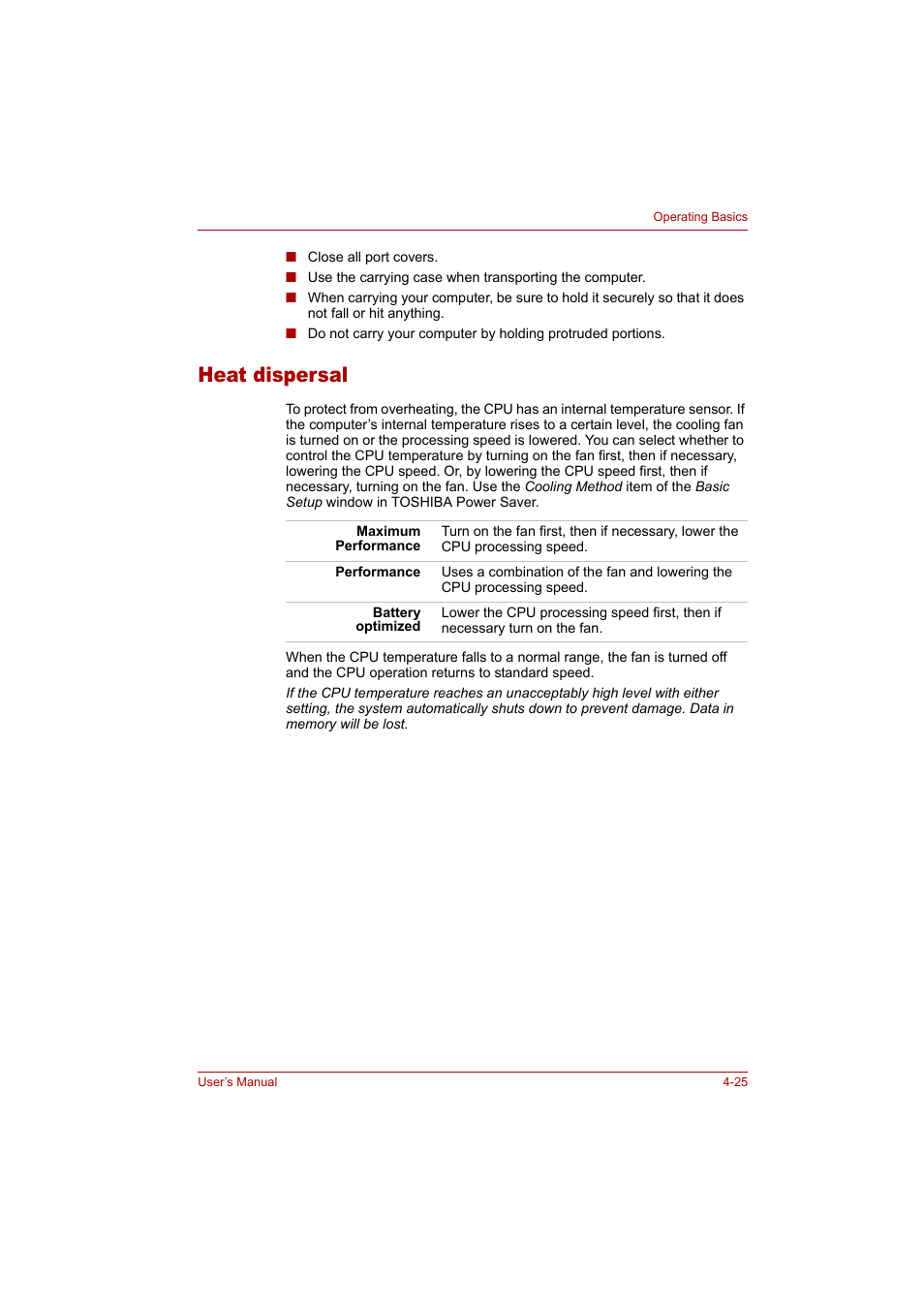 Heat dispersal, Heat dispersal -25 | Toshiba Tecra A4 (PTA42) User Manual | Page 80 / 174